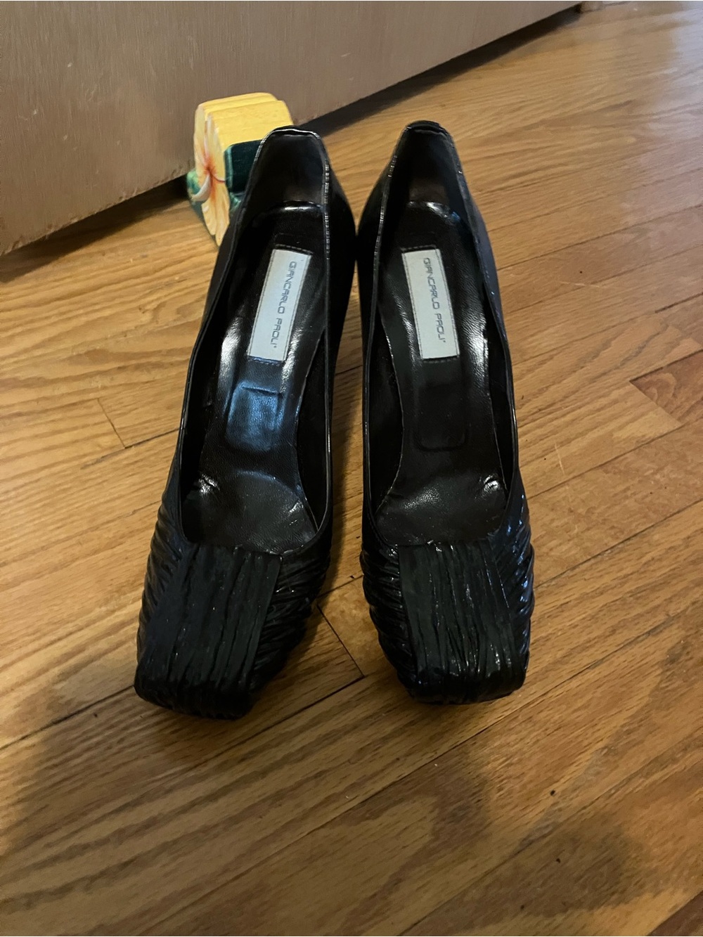 Black Square-Toe Pumps with Pleated Detail by Unknown